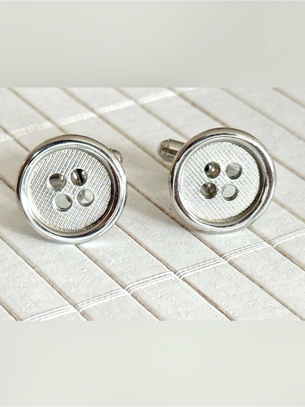 Vintage Silver Tone Button Style Cufflinks Textured Round Men’s Dress Formal